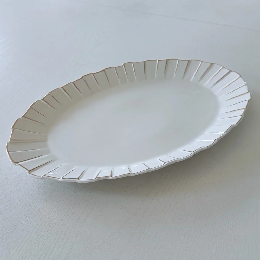 Oval Scalloped Ceramic Platter with Gold Tone Trim Accent